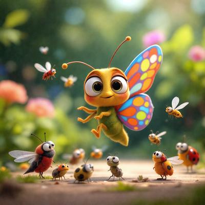 The primary subject of the image is a colorful butterfly, which is the main focus of the scene. The butterfly is flying above a group of small insects, which are likely bees. The setting is a lush green field with flowers, creating a vibrant and natural atmosphere. The visual style of the image is a combination of photo and digital art, giving it a unique and eye-catching appearance. The colors and mood of the image are bright, cheerful, and lively, with the but
